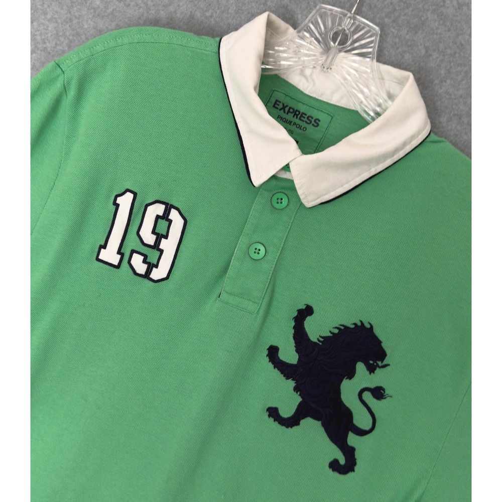 Express Polo Shirt Boys XL Green Lion Crest 19 Patch Modern Fit Short Sleeve